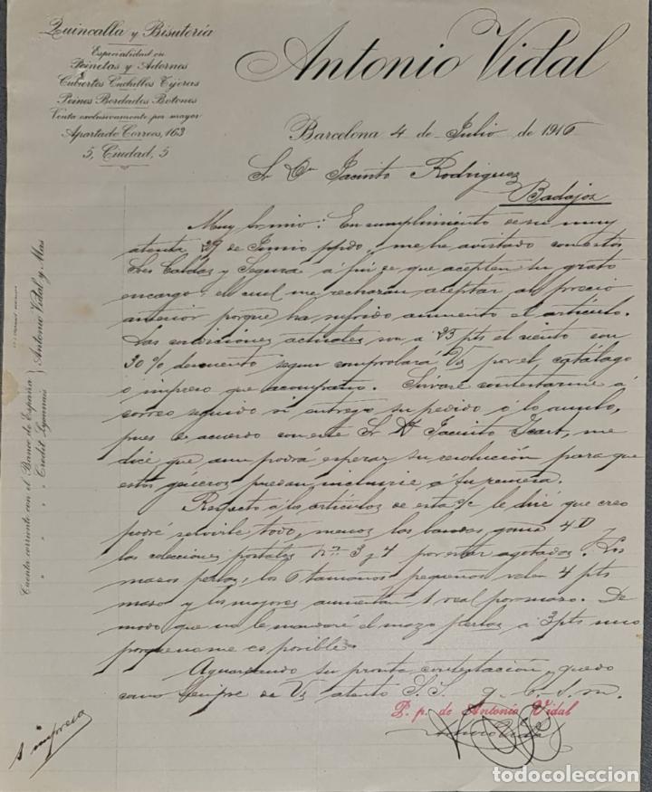 Cartas comerciales: Carta comercial. Antonio Vidal. Quincalla y Bisuter&iacute;a. Barcelona. Espa&ntilde;a 1916