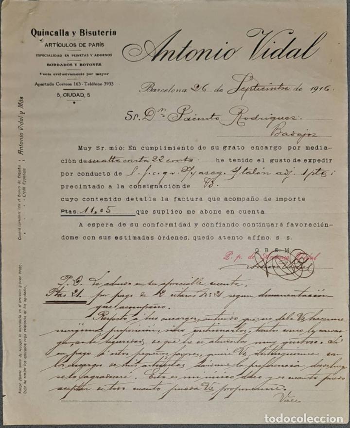 Cartas comerciales: Carta comercial. Antonio Vidal. Quincalla y Bisuter&iacute;a. Barcelona. Espa&ntilde;a 1916
