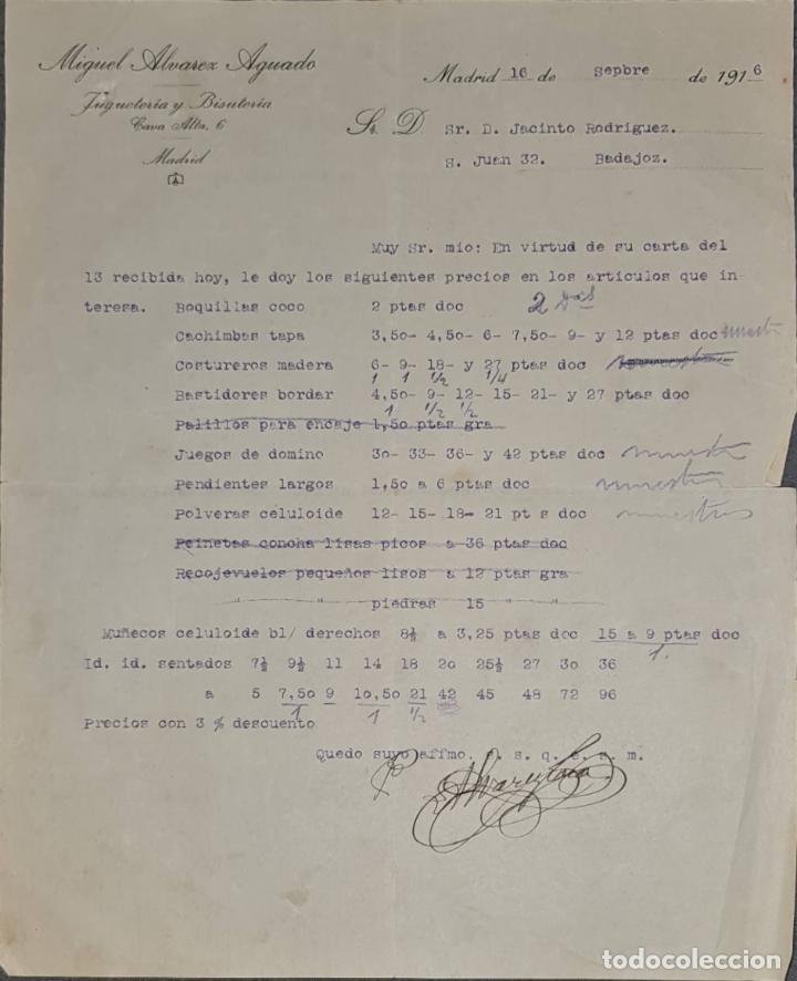 Cartas comerciales: Carta comercial. Miguel Alvarez Aguado. Jugueter&iacute;a y Bisuter&iacute;a. Madrid. Espa&ntilde;a 1916