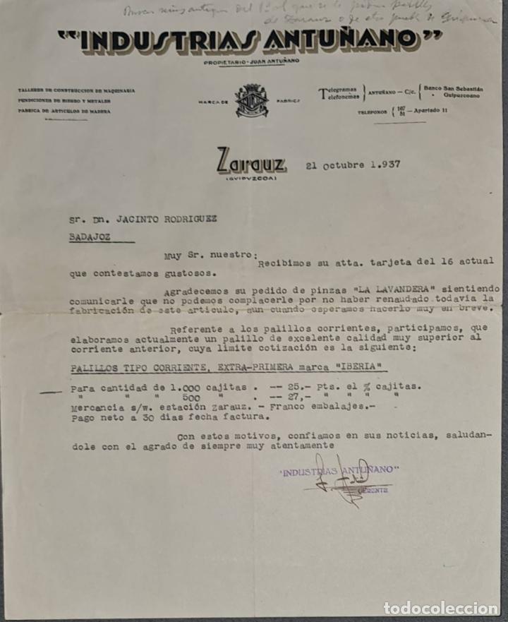 Cartas comerciales: Carta comercial. Industrias Antu&ntilde;ano. Taller construcci&oacute;n maquinaria. Guipuzcoa. Espa&ntilde;a 1937