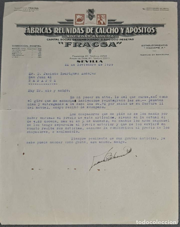Cartas comerciales: Carta comercial. Fracsa. F&aacute;bricas Reunidas de caucho y ap&oacute;sitos. Sevilla. Espa&ntilde;a 1939