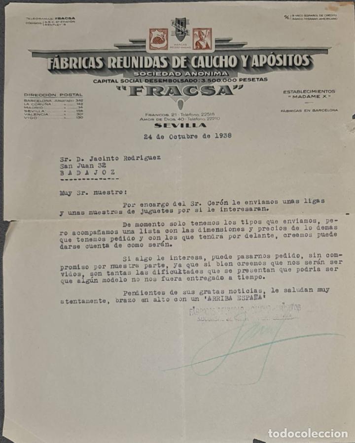 Cartas comerciales: Carta comercial. Fracsa. F&aacute;bricas Reunidas de caucho y ap&oacute;sitos. Sevilla. Espa&ntilde;a 1938