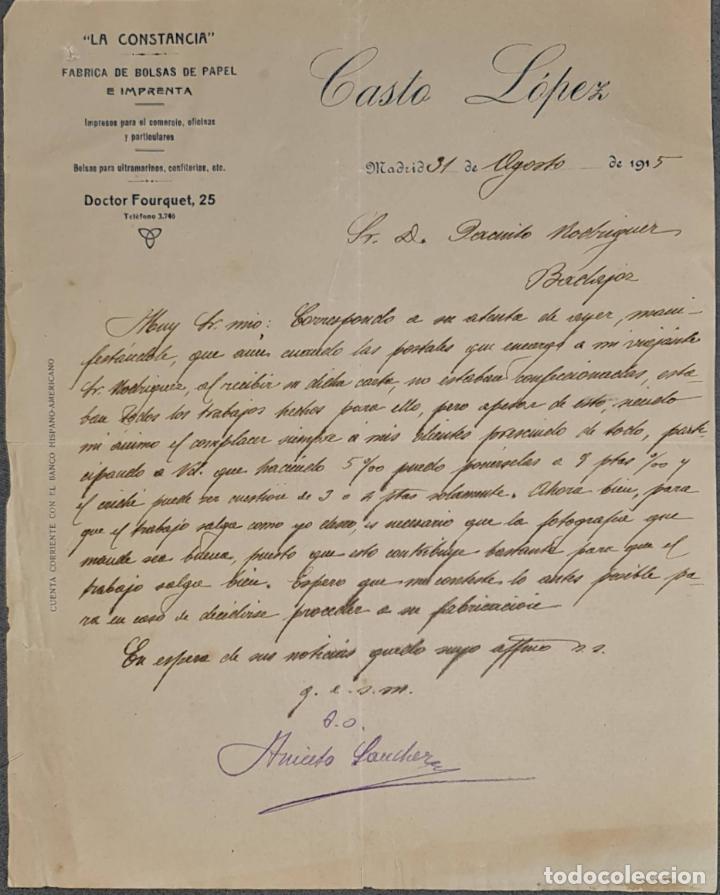 Cartas comerciales: Carta comercial. Casto L&oacute;pez. Imprenta. F&aacute;brica de bolsas de papel. Madrid. Espa&ntilde;a 1915