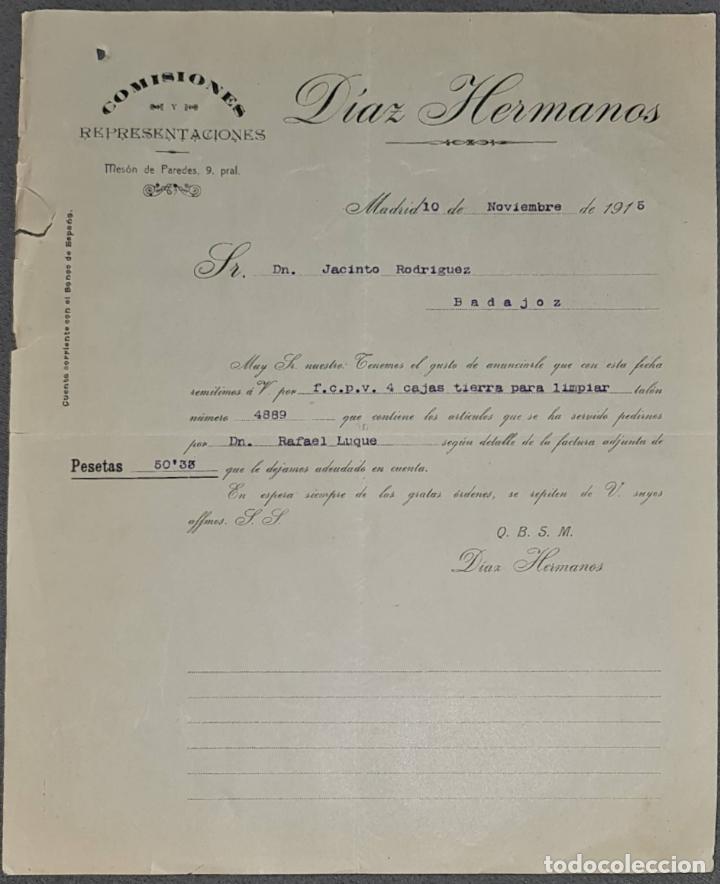 Cartas comerciales: Carta comercial. D&iacute;az Hermanos. Comisiones y Representaciones. Madrid. Espa&ntilde;a 1915
