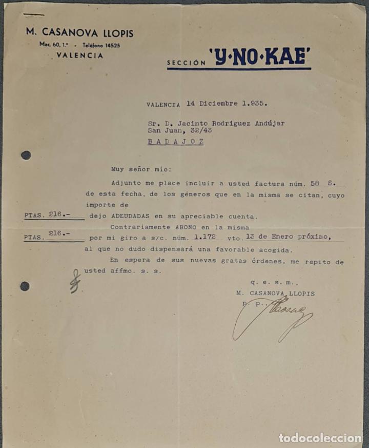 Cartas comerciales: Carta comercial. M. Casanova Llopis. Valencia. Espa&ntilde;a 1935
