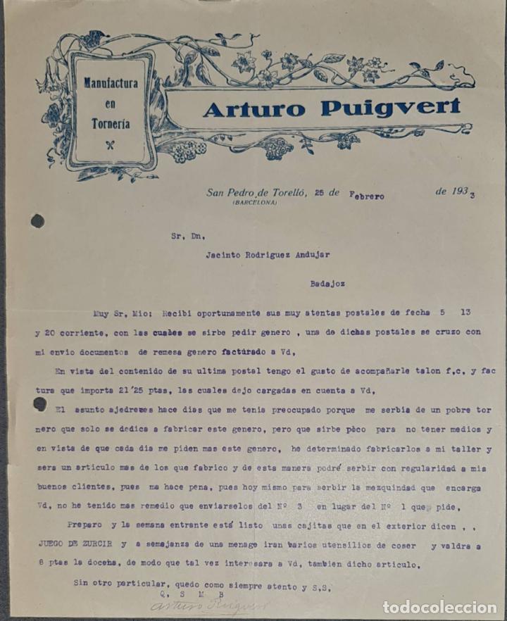 Cartas comerciales: Carta comercial. Arturo Puigvert. Manufactura en Torner&iacute;a. Barcelona. Espa&ntilde;a 1933