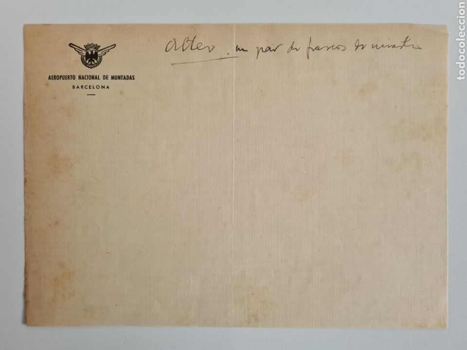 Cartas comerciales: Hoja Cuartilla papel Aeropuerto Nacional de Muntadas Barcelona A&ntilde;os 40 El Prat Aviaci&oacute;n &Eacute;poca Franco