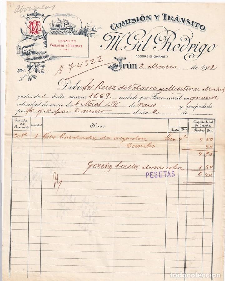 Cartas comerciales: Comision y transito. Viuda e hijos de M. Gil Rodrigo. Irun Guipuzcoa.1912. Casa en Pasages y hendaya