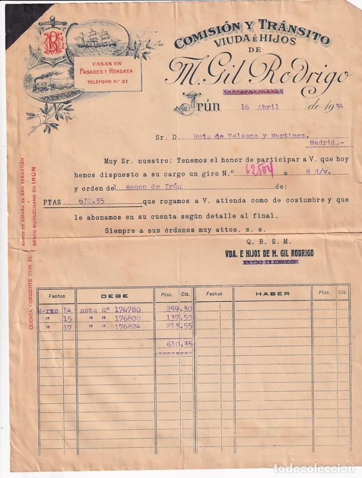 Cartas comerciales: Comision y transito. Viuda e hijos de M. Gil Rodrigo. Irun Guipuzcoa.1934. Casa en Pasages y hendaya