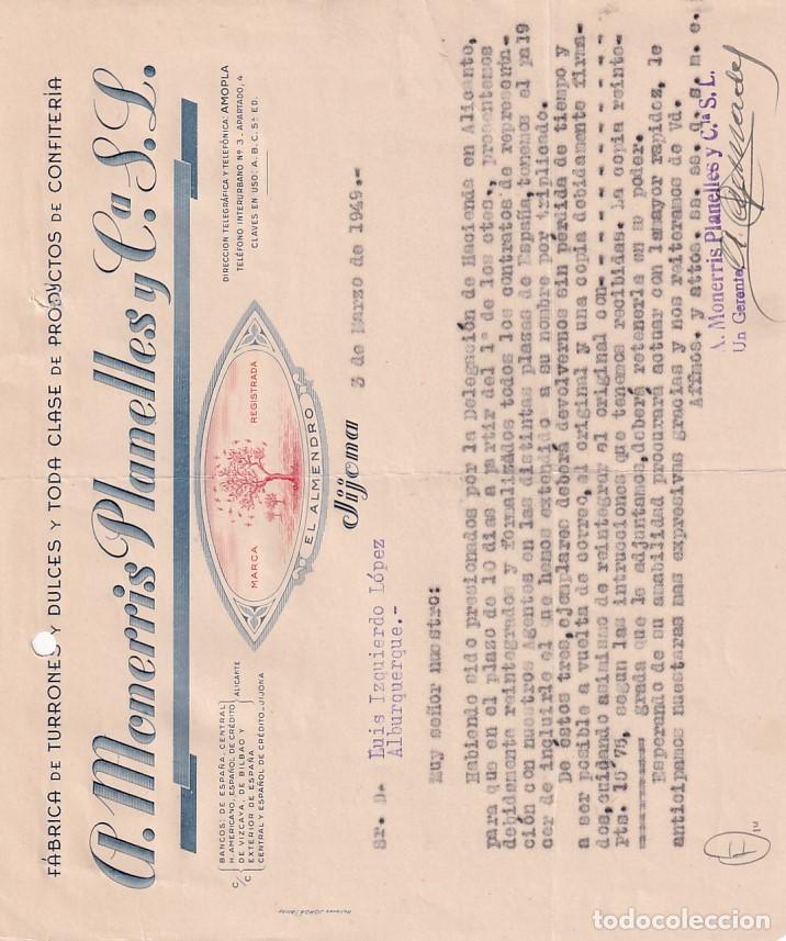 Cartas comerciales: Factura. F&aacute;brica de turrones y dulces A. Monerris Planelles y cia. Jijona. El Almendro Alicante.