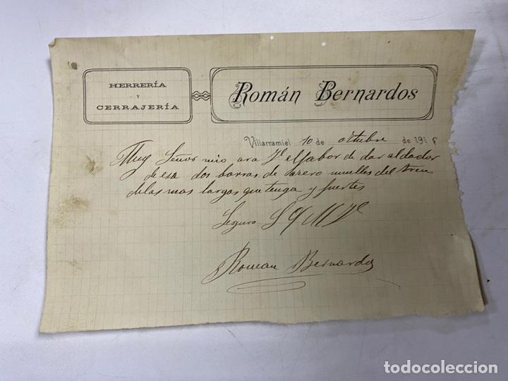 Cartas comerciales: CARTA COMERCIAL. ROM&Aacute;N BERNARDOS. HERRER&Iacute;A Y CERRAJER&Iacute;A. VILLARRAMIEL, 1919.