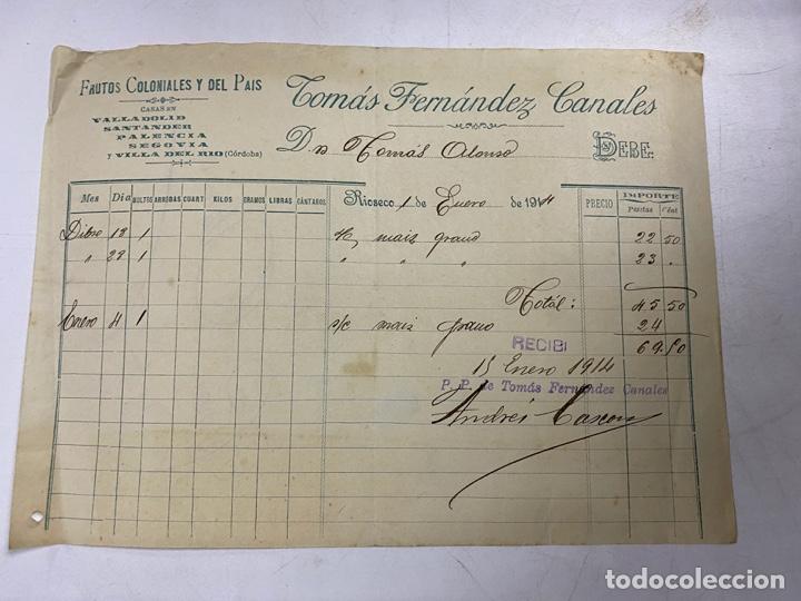 Cartas comerciales: FACTURA. TOM&Aacute;S FERN&Aacute;NDEZ CANALES. FRUTOS COLONIALES Y DEL PAIS. RIOSECO, 1914