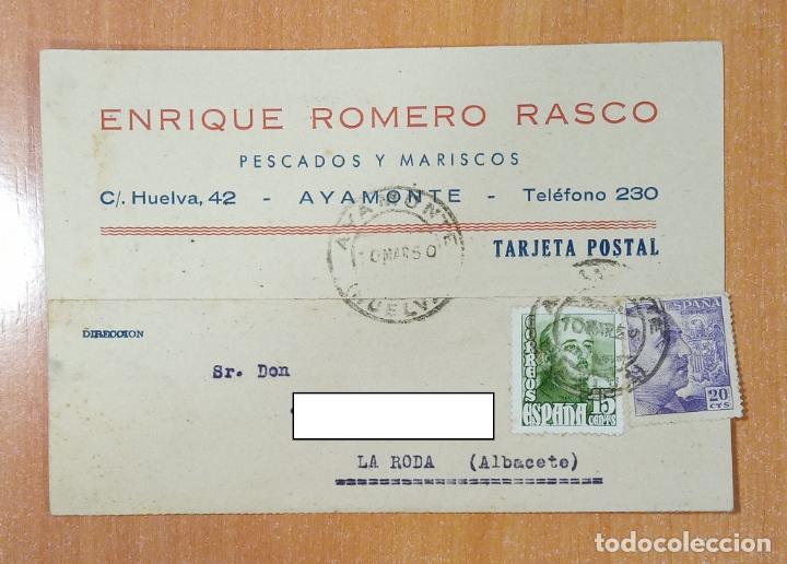 Cartas comerciales: TARJETA COMERCIAL ENRIQUE ROMERO RASCO. PESCADOS Y MARISCOS AYAMONTE, HUELVA. 1950