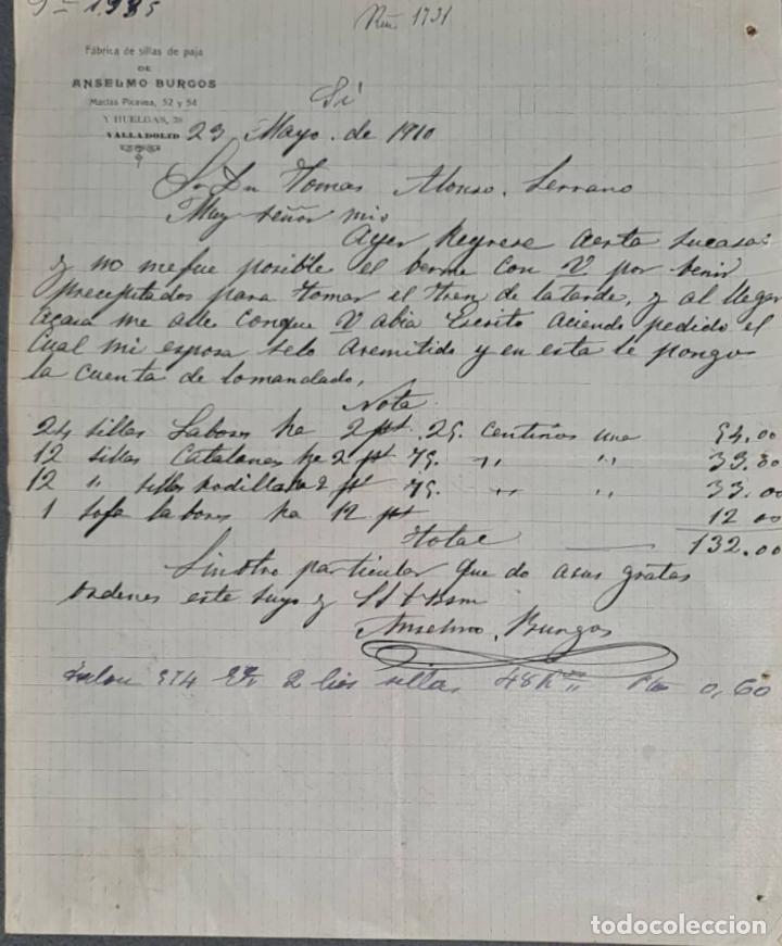 Lettres commerciales: Carta comercial. Anselmo Burgos. F&aacute;brica de sillas de paja. Valladolid. Espa&ntilde;a 1910