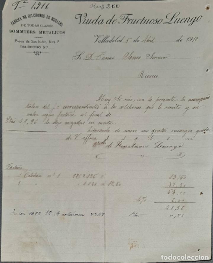 Lettres commerciales: Carta comercial. Viuda de Fructuoso Luengo. F&aacute;brica de colchones de muelles. VAlladolid 1910