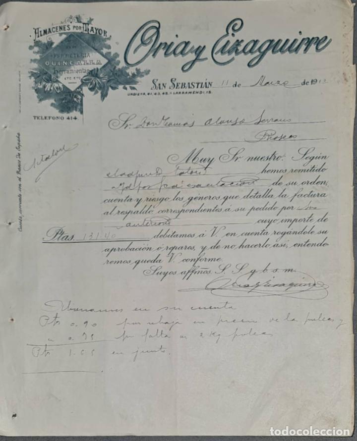 Lettres commerciales: Carta comercial. Oria y Eizaguirre. Almac&eacute;n al por mayor de quincalla. San Sebasti&aacute;n 1910