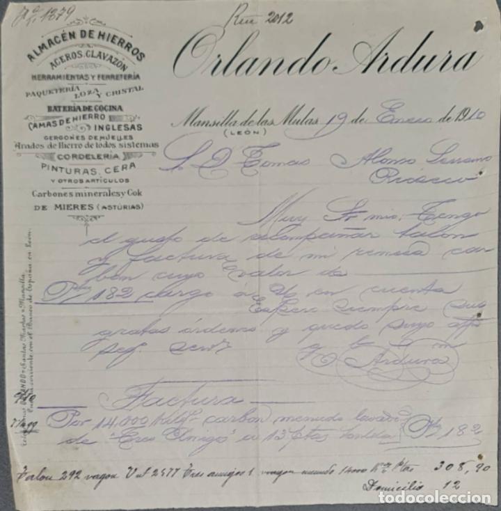 Lettres commerciales: Carta comercial. Orlando Ardura. Almac&eacute;n de hierros. Le&oacute;n. Espa&ntilde;a 1910