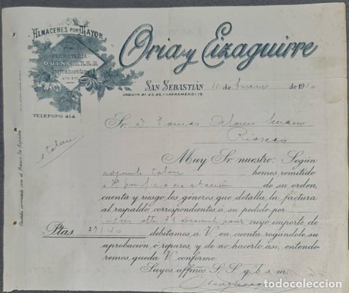 Lettres commerciales: Carta comercial. Oria y Eizaguirre. Almac&eacute;n al por mayor de quincalla. San Sebasti&aacute;n 1910