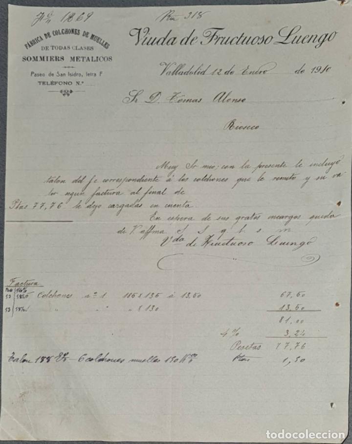Lettres commerciales: Carta comercial. Viuda de Fructuoso Luengo. F&aacute;brica de colchones de muelles. VAlladolid 1910