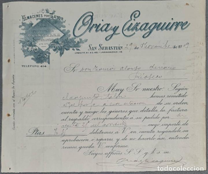 Lettres commerciales: Carta comercial. Oria y Eizaguirre. Almac&eacute;n al por mayor de quincalla. San Sebasti&aacute;n 1909