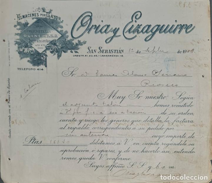 Lettres commerciales: Carta comercial. Oria y Eizaguirre. Almac&eacute;n al por mayor de quincalla. San Sebasti&aacute;n 1909