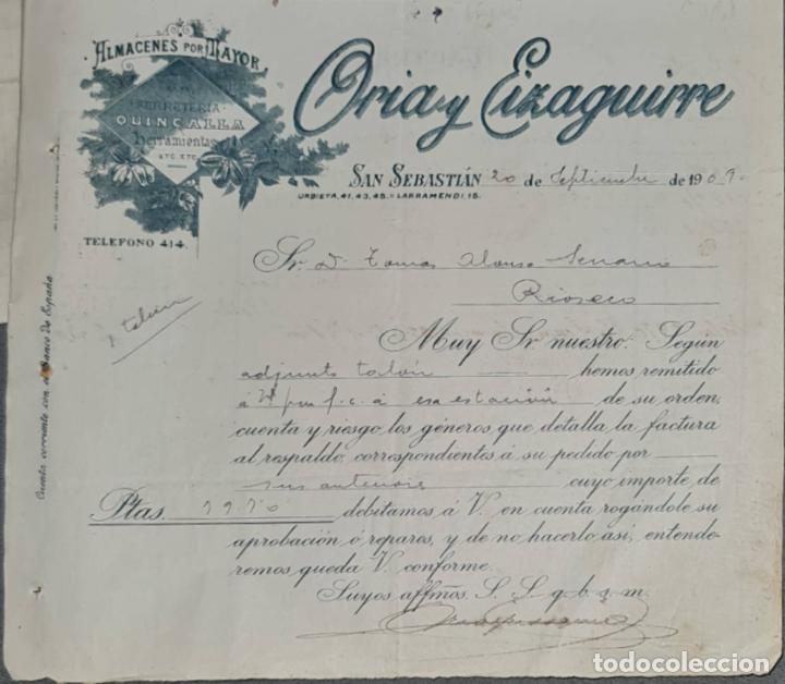 Lettres commerciales: Carta comercial. Oria y Eizaguirre. Almac&eacute;n al por mayor de quincalla. San Sebasti&aacute;n 1909