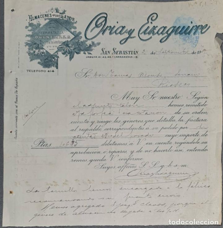 Lettres commerciales: Carta comercial. Oria y Eizaguirre. Almac&eacute;n al por mayor de quincalla. San Sebasti&aacute;n 1909