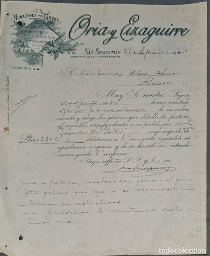 Lettres commerciales: Carta comercial. Oria y Eizaguirre. Almac&eacute;n al por mayor de quincalla. San Sebasti&aacute;n 1909