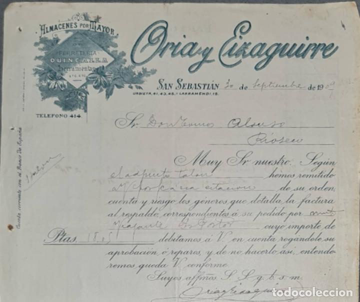 Lettres commerciales: Carta comercial. Oria y Eizaguirre. Almac&eacute;n al por mayor de quincalla. San Sebasti&aacute;n 1909