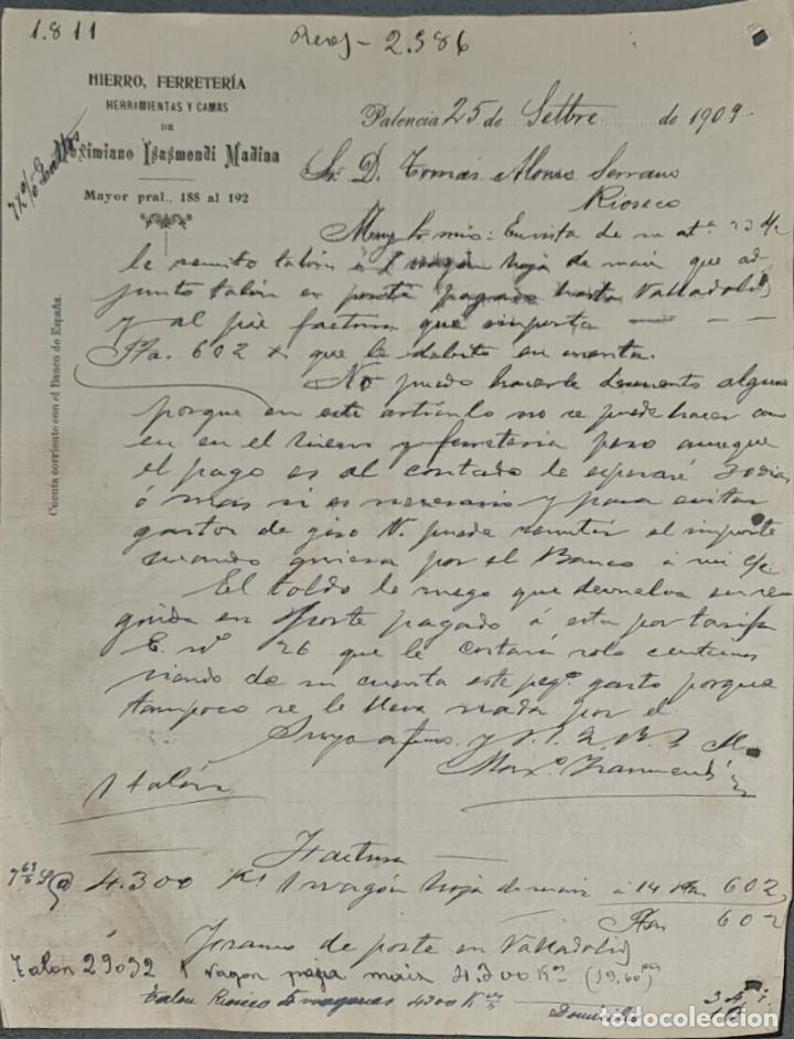 Lettres commerciales: Carta comercial. Maximiano Isasmendi Madina. Hierro, Ferreter&iacute;a, herramientas y camas. Palencia 1909
