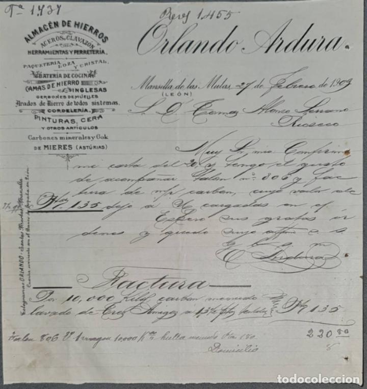 Lettres commerciales: Carta comercial. Orlando Ardura. Almac&eacute;n de hierros. Le&oacute;n. Espa&ntilde;a 1909
