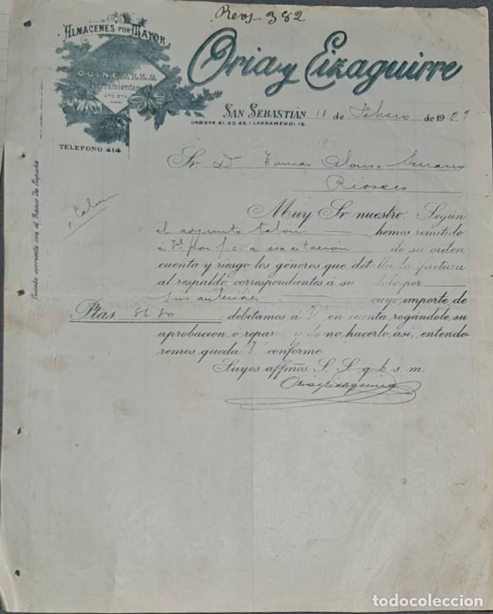 Lettres commerciales: Carta comercial. Oria y Eizaguirre. Almac&eacute;n al por mayor de quincalla. San Sebasti&aacute;n 1909
