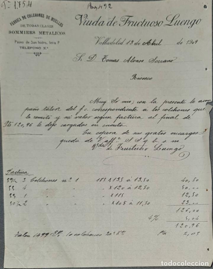 Lettres commerciales: Carta comercial. Viuda de Fructuoso Luengo. F&aacute;brica de colchones de muelles. Valladolid 1909