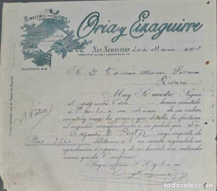Lettres commerciales: Carta comercial. Oria y Eizaguirre. Almac&eacute;n al por mayor de quincalla. San Sebasti&aacute;n 1909