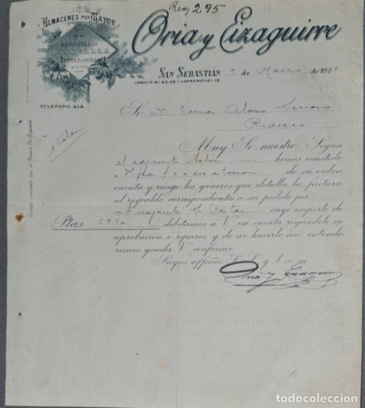 Lettres commerciales: Carta comercial. Oria y Eizaguirre. Almac&eacute;n al por mayor de quincalla. San Sebasti&aacute;n 1909