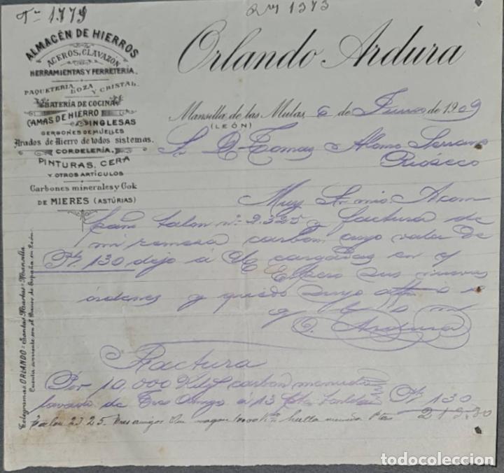 Lettres commerciales: Carta comercial. Orlando Ardura. Almac&eacute;n de hierros. Le&oacute;n. Espa&ntilde;a 1909