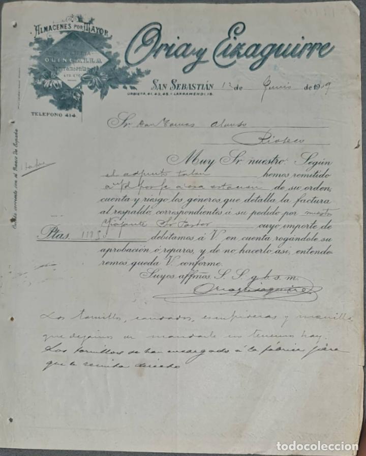 Lettres commerciales: Carta comercial. Oria y Eizaguirre. Almac&eacute;n al por mayor de quincalla. San Sebasti&aacute;n 1909