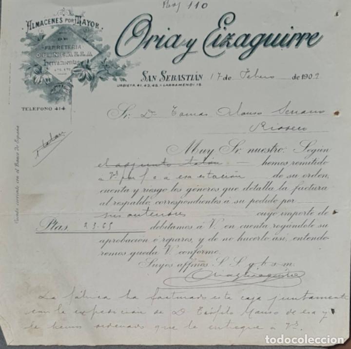 Lettres commerciales: Carta comercial. Oria y Eizaguirre. Almac&eacute;n al por mayor de quincalla. San Sebasti&aacute;n 1909