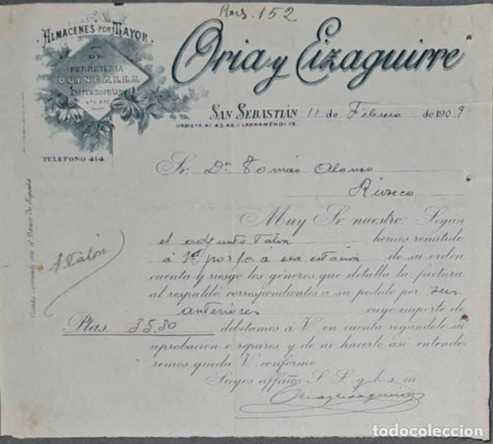 Lettres commerciales: Carta comercial. Oria y Eizaguirre. Almac&eacute;n al por mayor de quincalla. San Sebasti&aacute;n 1909