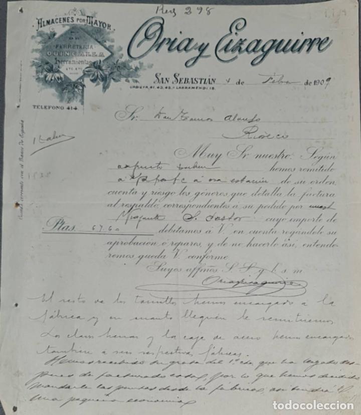 Lettres commerciales: Carta comercial. Oria y Eizaguirre. Almac&eacute;n al por mayor de quincalla. San Sebasti&aacute;n 1909