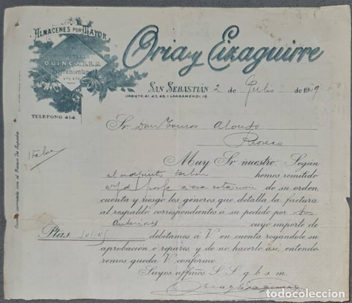 Lettres commerciales: Carta comercial. Oria y Eizaguirre. Almac&eacute;n al por mayor de quincalla. San Sebasti&aacute;n 1909