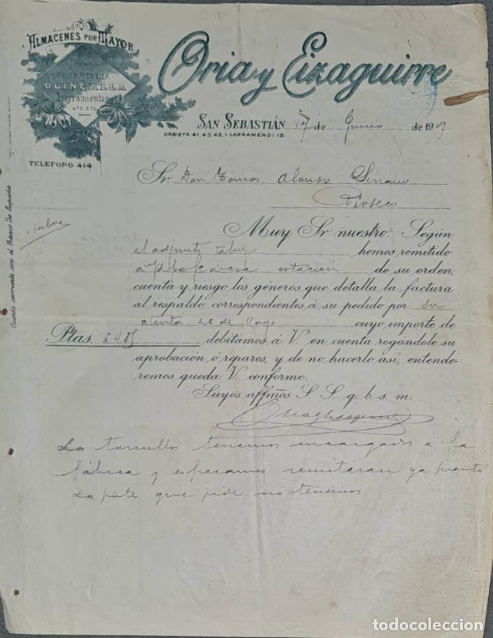 Lettres commerciales: Carta comercial. Oria y Eizaguirre. Almac&eacute;n al por mayor de quincalla. San Sebasti&aacute;n 1909