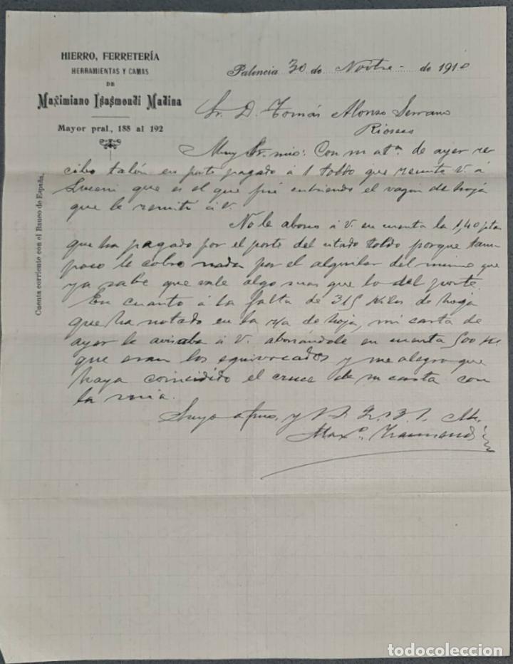 Lettres commerciales: Carta comercial. Maximiano Isasmendi Madina. Hierro, Ferreter&iacute;a, herramientas y camas. Palencia 1910