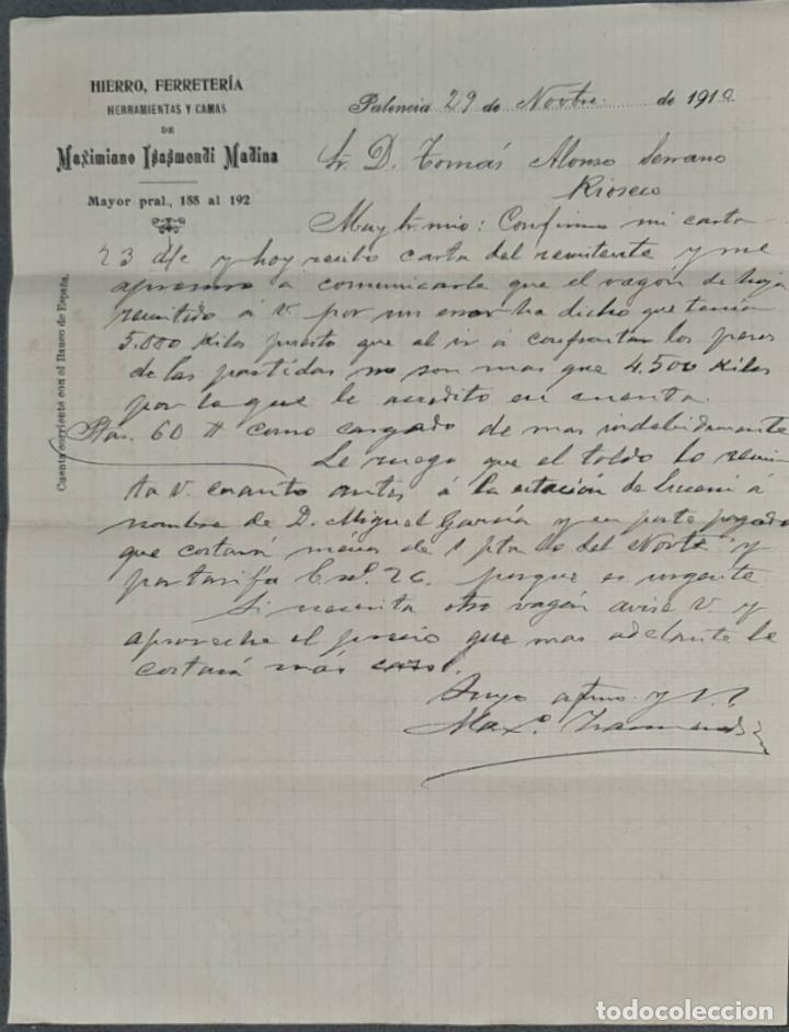 Lettres commerciales: Carta comercial. Maximiano Isasmendi Madina. Hierro, Ferreter&iacute;a, herramientas y camas. Palencia 1910