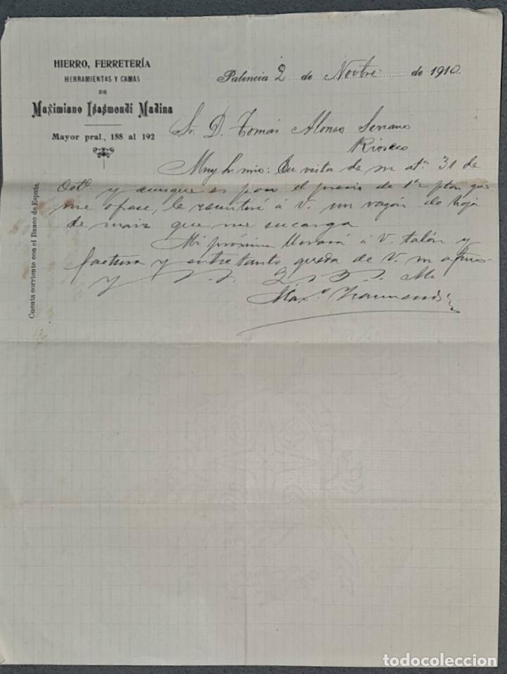 Lettres commerciales: Carta comercial. Maximiano Isasmendi Madina. Hierro, Ferreter&iacute;a, herramientas y camas. Palencia 1910