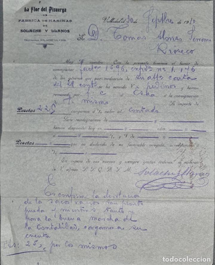 Lettres commerciales: Carta comercial. Solache y Llanos. La Flor del Pisuerga. F&aacute;brica de harinas. Valladolid. Espa&ntilde;a 1910