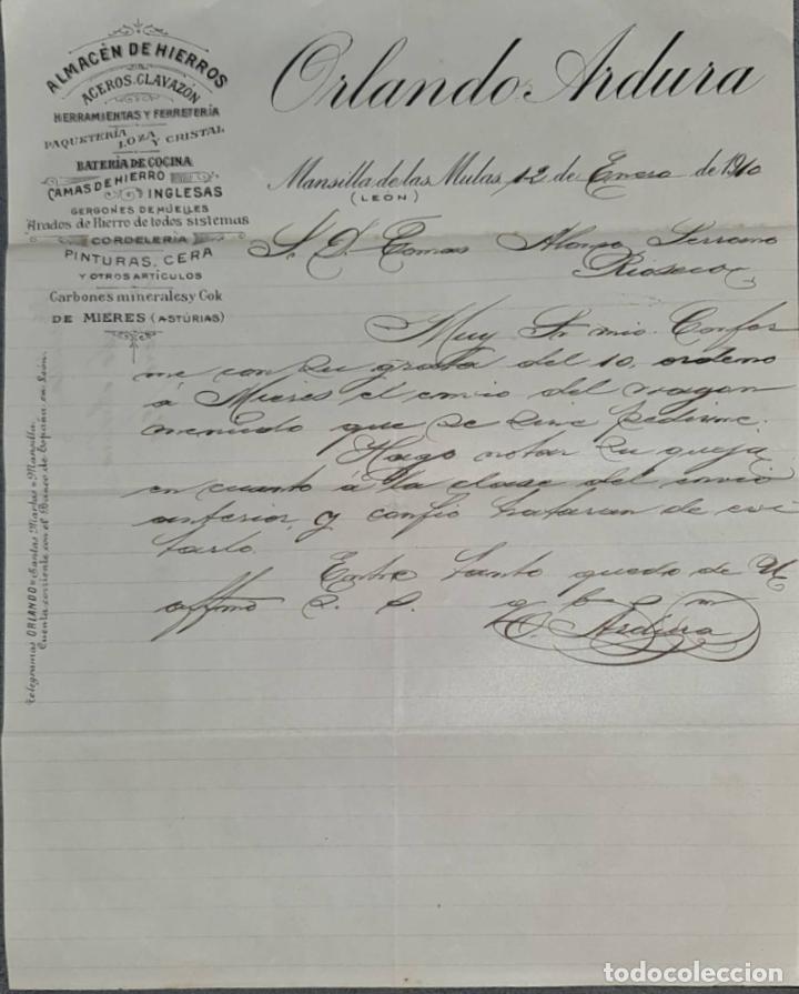 Lettres commerciales: Carta comercial. Orlando Ardura. Almac&eacute;n de hierros. Le&oacute;n. Espa&ntilde;a 1910