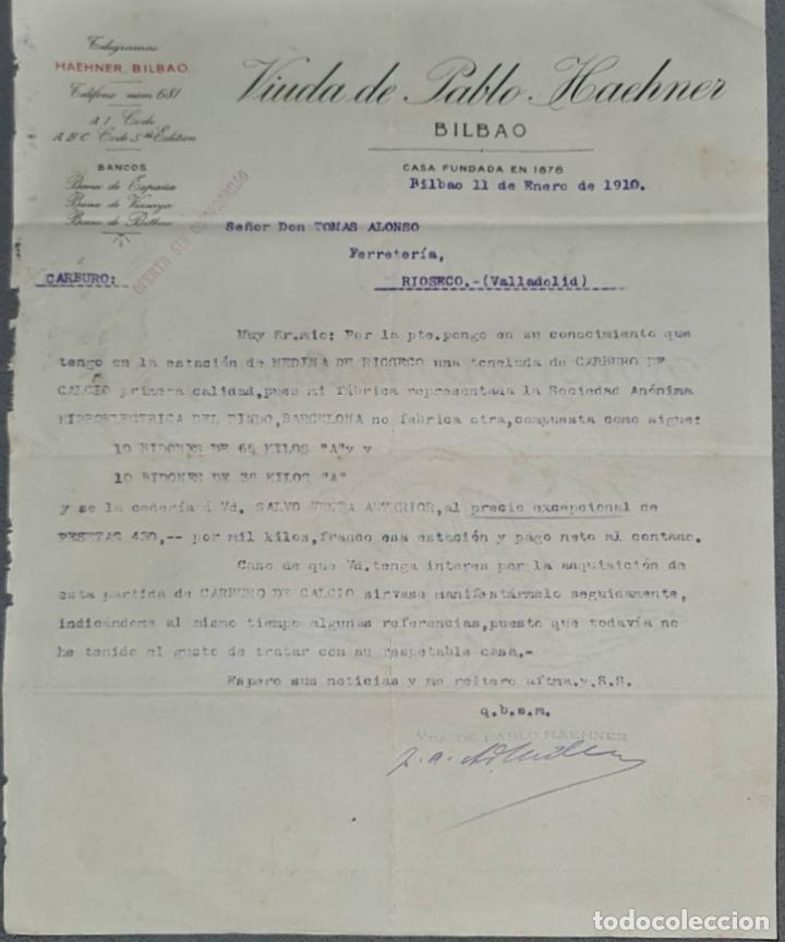 Lettres commerciales: Carta comercial. Viuda de Pablo Hachner. Bilbao. Espa&ntilde;a 1910