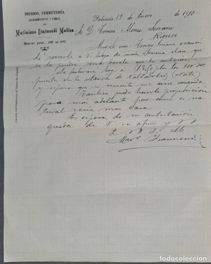 Lettres commerciales: Carta comercial. Maximiano Isasmendi Madina. Hierro, Ferreter&iacute;a, herramientas y camas. Palencia 1910