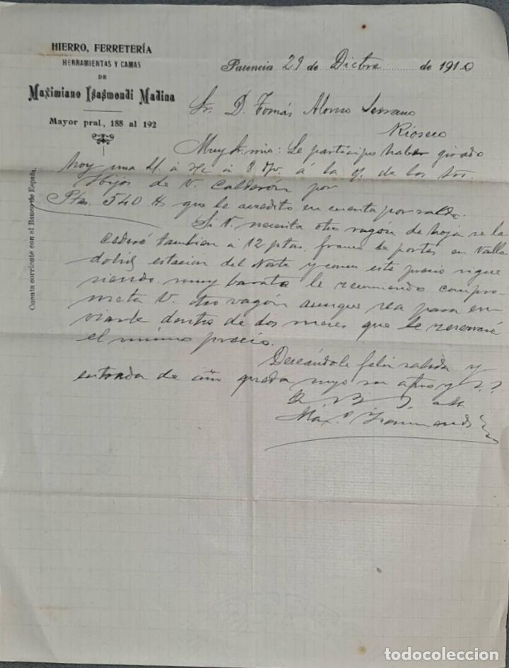 Lettres commerciales: Carta comercial. Maximiano Isasmendi Madina. Hierro, Ferreter&iacute;a, herramientas y camas. Palencia 1910